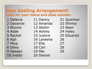 New Seating Arrangement! Look for your name and desk number.
