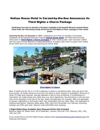 Hofsas House Hotel in Carmel-by-the-Sea Announces