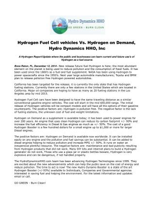 Hydrogen Fuel Cell vehicles Vs. Hydrogen on Demand