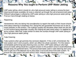 Reasons Why You ought to Perform UHP Water Jetting