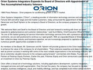 Orion Systems Integrators Expands its Board of Directors