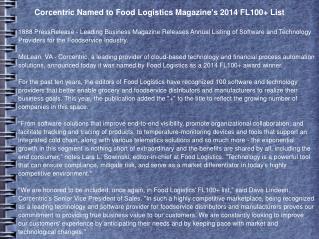 Corcentric Named to Food Logistics Magazine's 2014 FL100