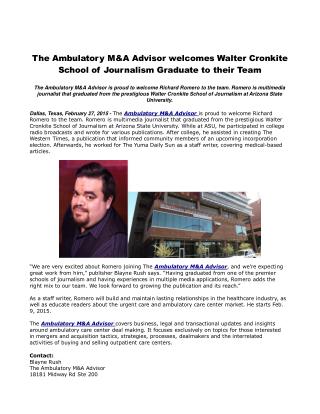 The Ambulatory M&A Advisor welcomes Walter Cronkite School o