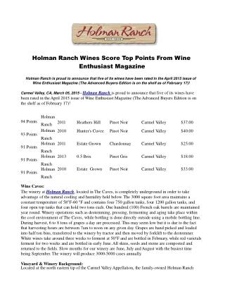 Holman Ranch Wines Score Top Points From Wine Enthusiast Mag