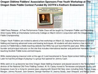 Oregon Oldtime Fiddlers' Association Sponsors Free Youth Wor