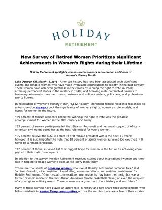 New Survey of Retired Women Prioritizes significant Achievem