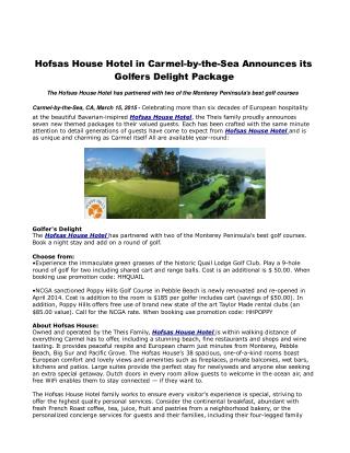 Hofsas House Hotel in Carmel-by-the-Sea Announces its Golfer