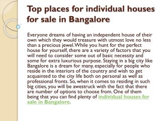 Top places for individual houses for sale in Bangalore