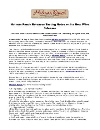 Holman Ranch Releases Tasting Notes on Its New Wine Releases