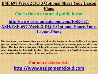 ESE 697 Week 2 DQ 3 Optional Share Your Lesson Plans