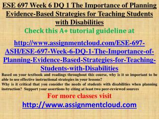 ESE 697 Week 6 DQ 1 The Importance of Planning Evidence-Base