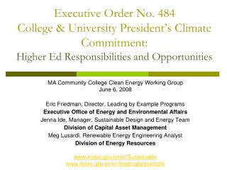 Executive Order No. 484 College &amp; University President’s Climate Commitment: Higher Ed Responsibilities and Opportu