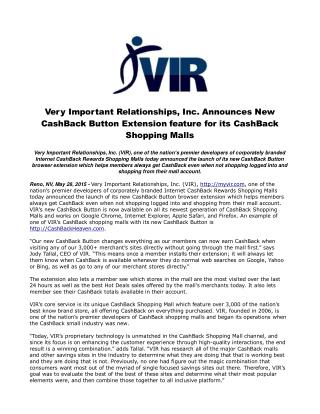 Very Important Relationships, Inc. Announces New CashBack