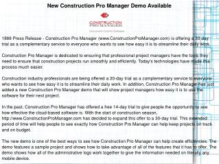 New Construction Pro Manager Demo Available