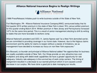 Alliance National Insurance Begins to Realign Writings