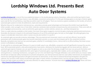 Lordship Windows Ltd. Presents Best Auto Door Systems