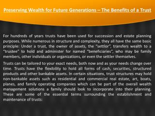 Preserving Wealth for Future Generations – The Benefits of a