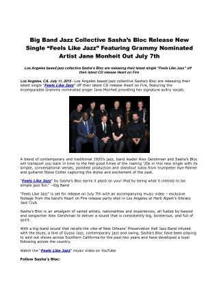 Big Band Jazz Collective Sasha’s Bloc Release New Single