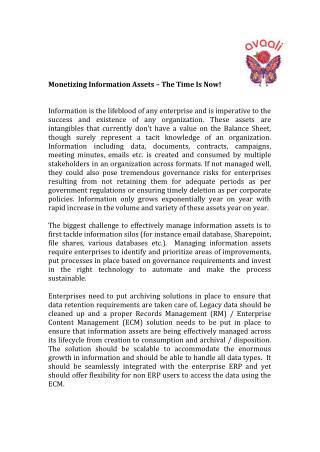Monetizing Information Assets – The Time Is Now!