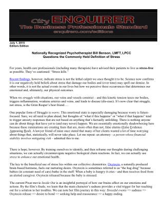 Nationally Recognized Psychotherapist Bill Benson, Questions the Commonly Held Definition of Stress