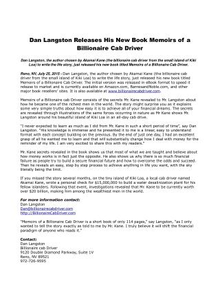 Dan Langston Releases His New Book Memoirs of a Billionaire Cab Driver