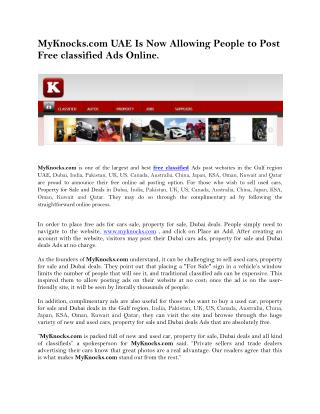 MyKnocks.com UAE Is Now Allowing People to Post Free classified Ads Online.