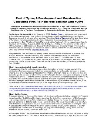 Test of Tyme, A Development and Construction Consulting Firm, To Hold Free Seminar with Olive
