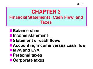 Balance sheet Income statement Statement of cash flows Accounting income versus cash flow MVA and EVA Personal taxes Cor