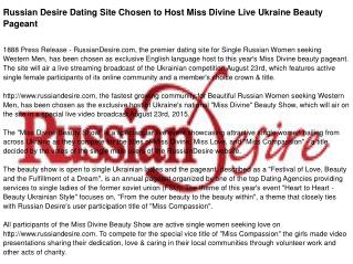 Russian Desire Dating Site Chosen to Host Miss Divine Live Ukraine Beauty Pageant