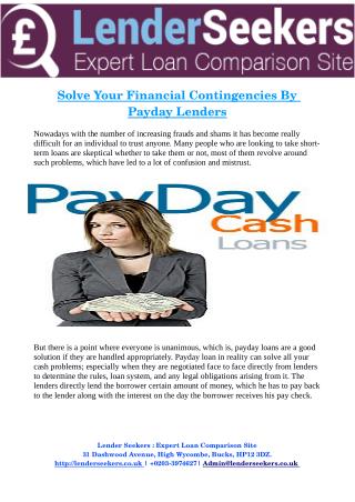 Solve Your Financial Contingencies By Payday Lenders