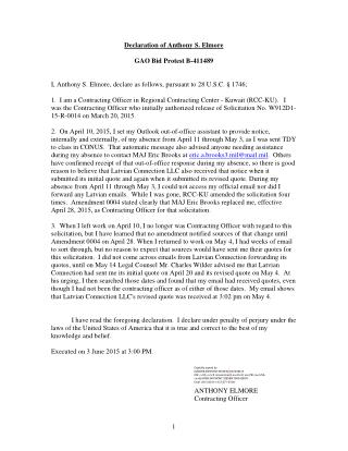 Blog 67 USMC 20150815 W912D1-15-R-0014 ATTCH 6 Tab 18 - Affidavit Of Anthony Elmore- LEFT 10 APRIL 2015