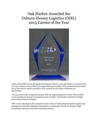 Oak Harbor Awarded the Ozburn-Hessey Logistics (OHL) 2015 Carrier of the Year