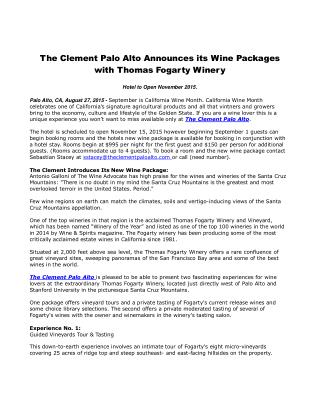 The Clement Palo Alto Announces its Wine Packages with Thomas Fogarty Winery