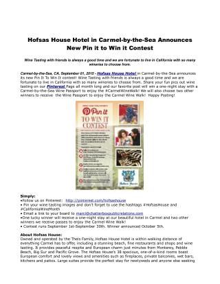 Hofsas House Hotel in Carmel-by-the-Sea Announces New Pin it to Win it Contest