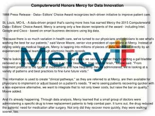 Computerworld Honors Mercy for Data Innovation