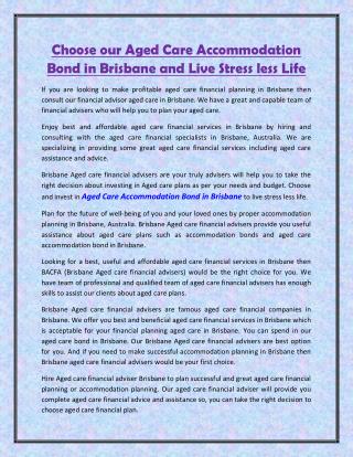 Choose our Aged Care Accommodation Bond in Brisbane and Live Stress less Life