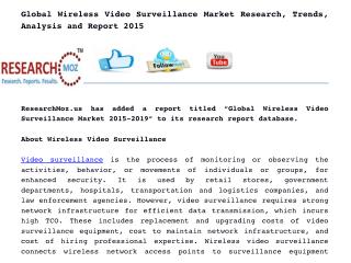 Global Wireless Video Surveillance Market Research, Trends, Analysis and Report 2015