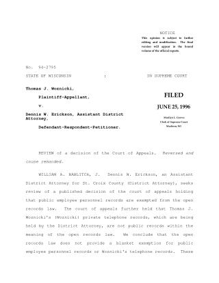 Thomas Woznicki vs. Dennis Erickson (Wisconsin Supreme Court Ruling)