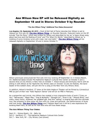 Ann Wilson New EP will be Released Digitally on September 18 and in Stores October 9 by Rounder