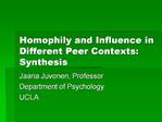 Homophily and Influence in Different Peer Contexts: Synthesis