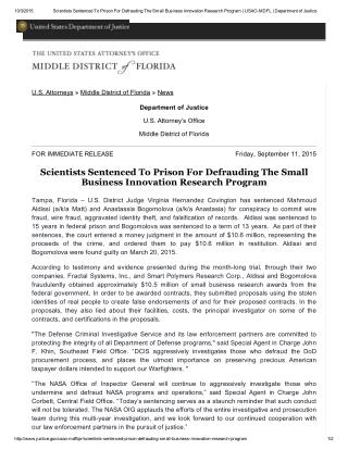 Blog 115 Scientists Sentenced To Prison For Defrauding The Small Business Innovation Research Program _ USAO-MDFL _ D