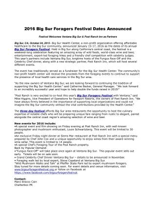 2016 Big Sur Foragers Festival Dates Announced