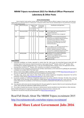 NRHM Tripura Recruitment 2015 for Medical Officer Pharmacist Laboratory & Other Posts