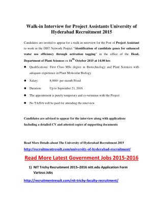 Walk-In Interview for Project Assistants University of Hyderabad Recruitment 2015