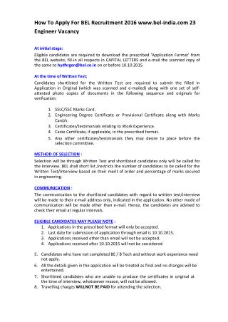How To Apply for BEL Recruitment 2016 Www.bel-India.com 23 Engineer Vacancy