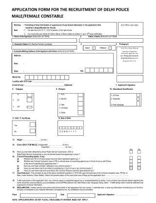 Application Form for the Recruitment of Delhi Police Male-female Constable