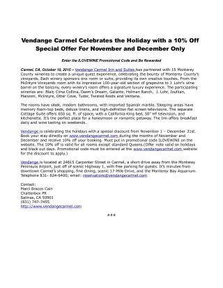 Vendange Carmel Celebrates the Holiday with a 10% Off Special Offer For November and December Only