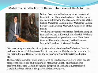Mahatma Gandhi Forum Raised The Level of Its Activities