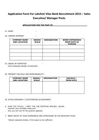 Application Form for Lakshmi Vilas Bank Recruitment 2015 – Sales Execuitve-Manager Posts