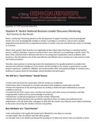 Stephen R. Ventre National Business Leader Discusses Mentoring